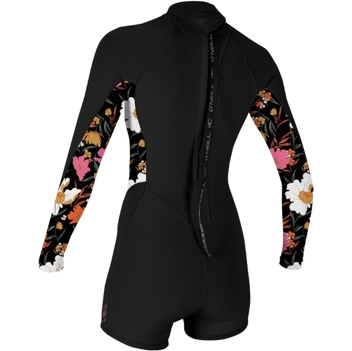 2024 O'Neill Womens Bahia 2/1mm Long Sleeve Back Zip Shorty Wetsuit 5291 - Black / Bluemchen